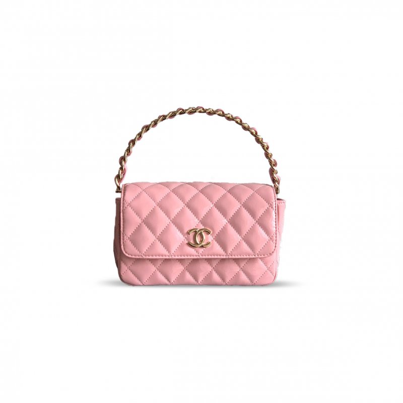 (image for) CHANEL HANDLE FLAP BAG PATENT CALFSKIN & GOLD METAL PINK 496583 (18.5*10.5*8cm)