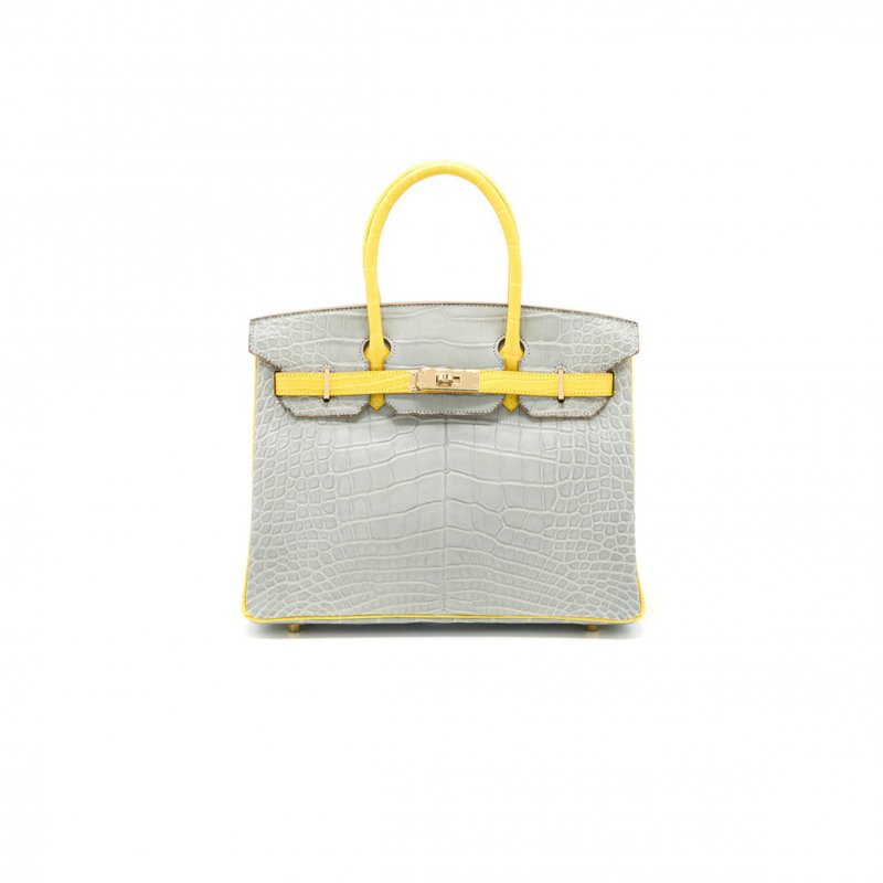 (image for) HERMÈS MASTER BIRKIN 30 CROCODILE LEATHER PEARL GREY AND YELLOW BAG GOLD BUCKLE H041367CK43 (30*22*16cm)