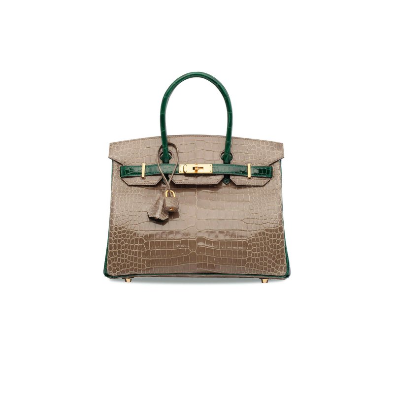 (image for) HERMÈS MASTER BIRKIN 30 CROCODILE LEATHER PEARL GREY AND EMERALD GOLD BUCKLE H041367CK9K (30*22*15cm)