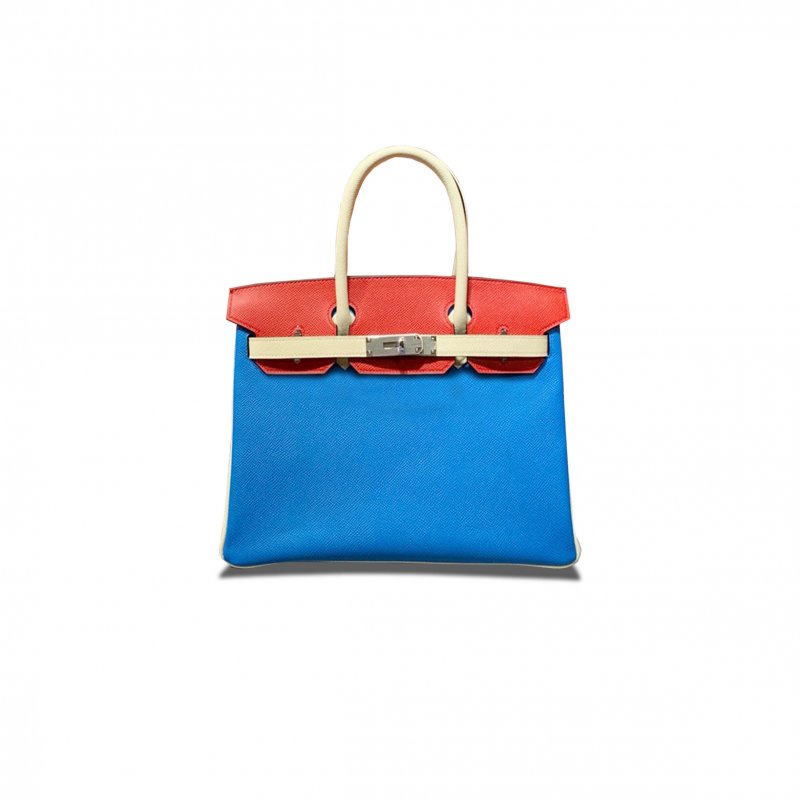 (image for) HERMES MASTER BIRKIN 30 EPSOM WATER FAIRY BLUE WITH RED AND MILKSHAKE WHITE WITH SILVER BUCKLE H028362CC09 (30*23*15cm)