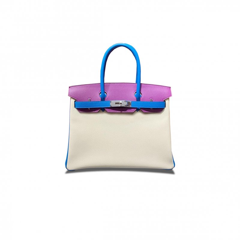 (image for) HERMES MASTER BIRKIN 30 EPSOM MILKSHAKE WHITE WITH WATER FAIRY BLUE AND ANEMONE PURPLE SILVER BUCKLE H028362CC07 (30*23*15cm)