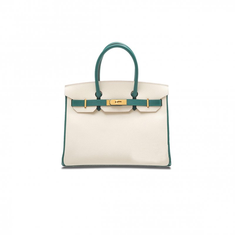 (image for) HERMES MASTER BIRKIN 30 EPSOM MILKSHAKE WHITE AND PEACOCK GREEN GOLD BUCKLE H028369CK44 (30*23*15cm)