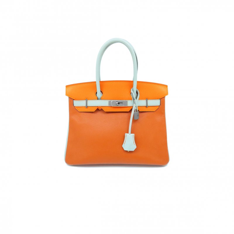 (image for) HERMES MASTER BIRKIN 30 EPSON LEATHER GOLDEN BROWN MACARON BLUE SILVER BUCKLE HANDBAG 2160500417673 (30*23*15cm)