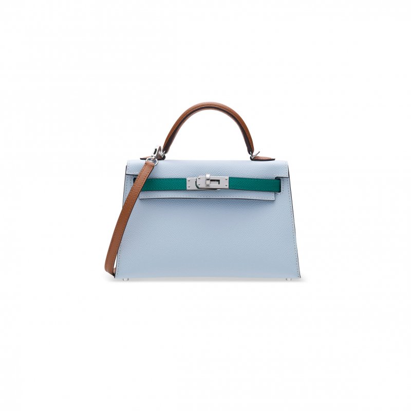 (image for) HERMÈS MASTER HAZE BLUE AND IMPERIAL GREEN AND SESAME EPSOM LEATHER TRICOLOR MINI KELLY 20 II WITH PALLADIUM HARDWARE (19*12*5.5cm)