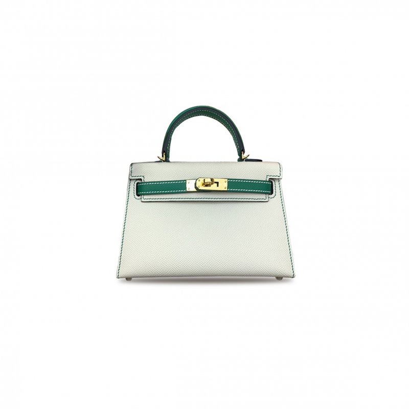 (image for) HERMÈS MINI KELLY II EPSOM MILKSHAKE WHITE WITH MALACHITE GREEN GOLD BUCKLE (19*12*5.5cm)