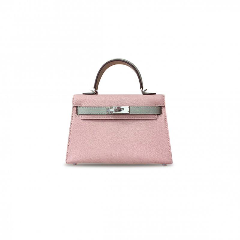 (image for) HERMÈS MINI KELLY II GOATSKIN, CHERRY BLOSSOM PINK AND PEARL GRAY, SILVER BUCKLE (19*12*5.5cm)