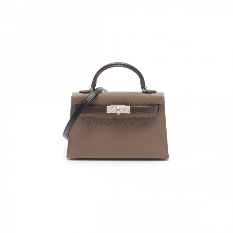 (image for) HERMÈS MINI KELLY II TRICOLOR ETOUPE ECORSE HANDBAG VEAU EPSOM GRAY BROWN BLACK SILVER HARDWARE OUTSIDE (19*12*5.5cm)